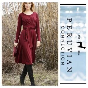 Peruvian Connection Red Celeste Pima Cotton Modal Blend Tie Waist Midi Dress XS